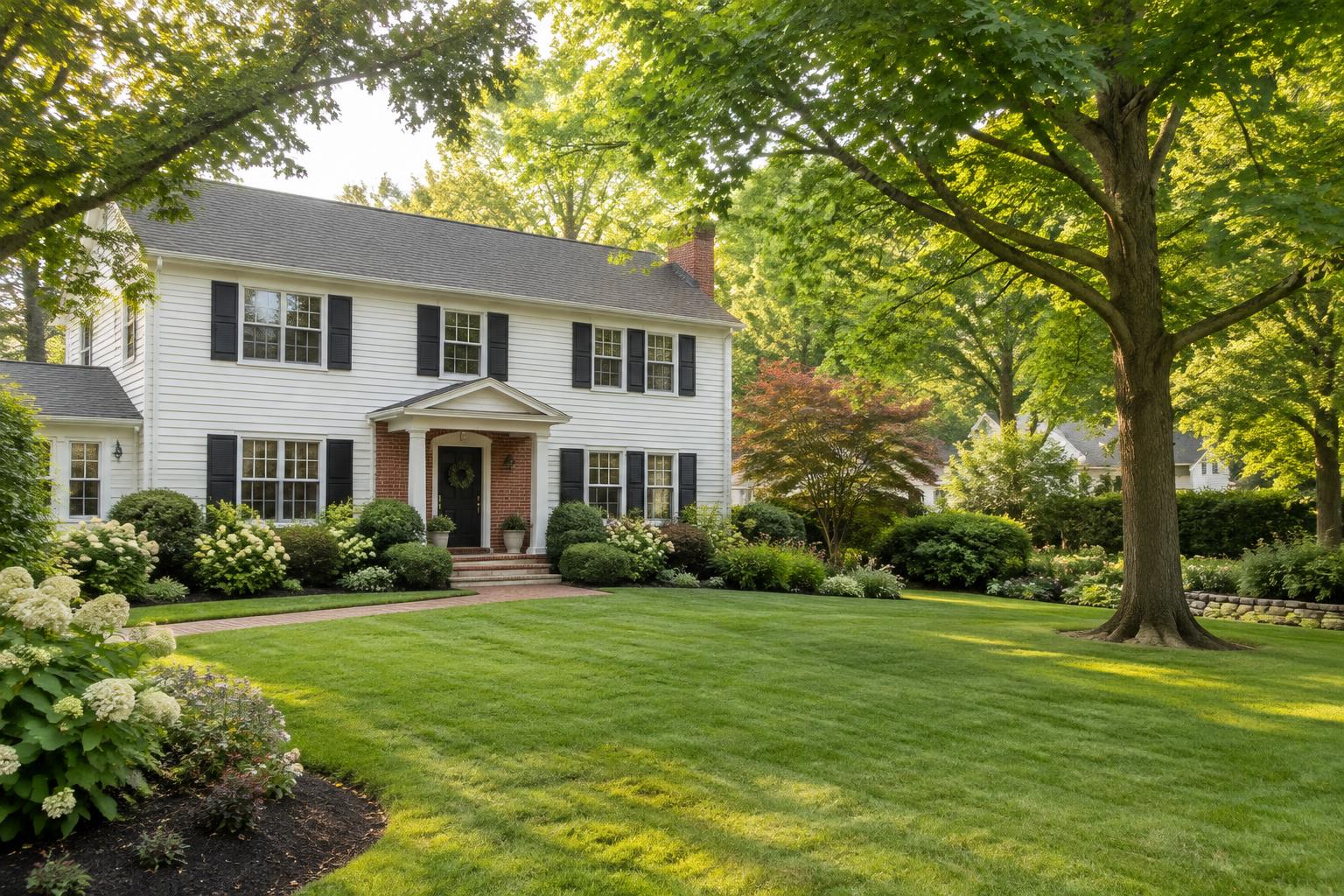 Illustrative New Jersey colonial property with mature trees and a landscaped lawn