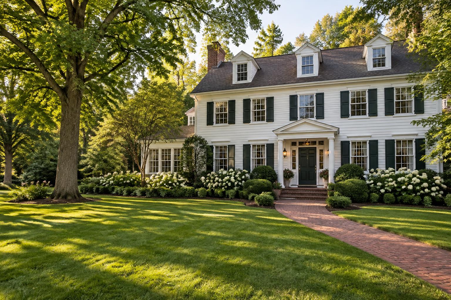 Illustrative New Jersey colonial house with a landscaped garden and brick walkway